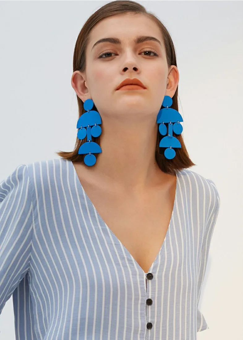 Blue Geometric Long Drop Earrings