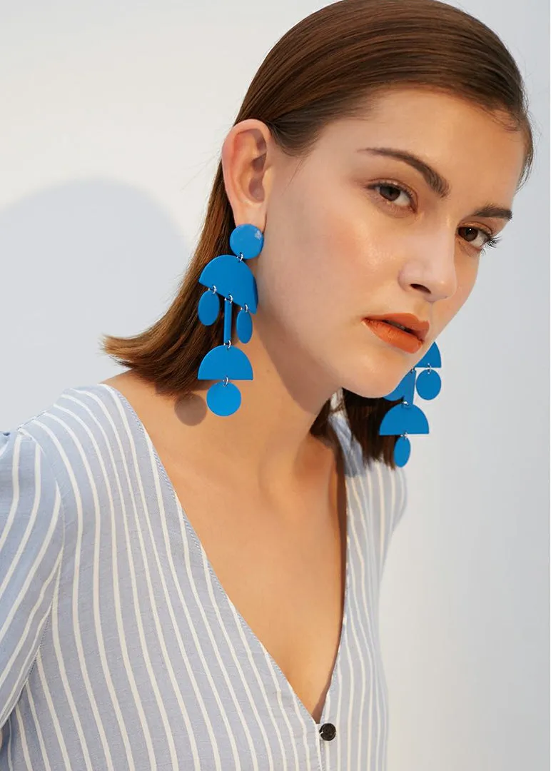 Blue Geometric Long Drop Earrings