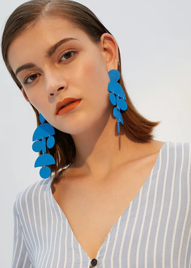 Blue Geometric Long Drop Earrings