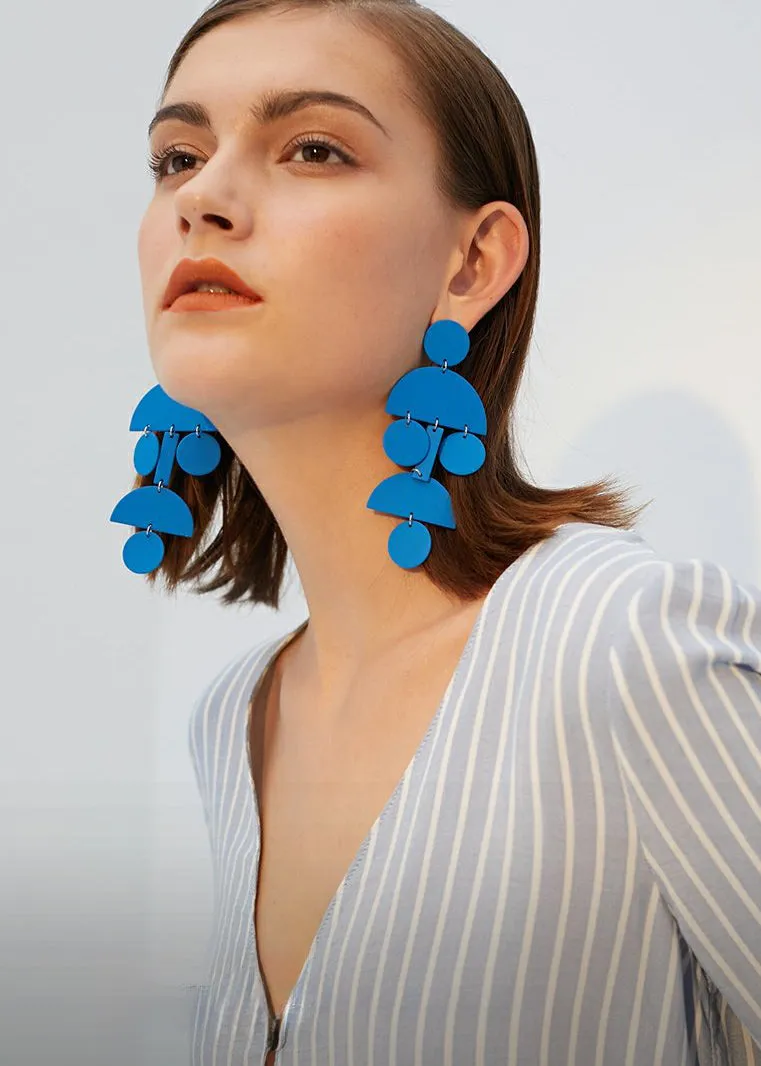 Blue Geometric Long Drop Earrings