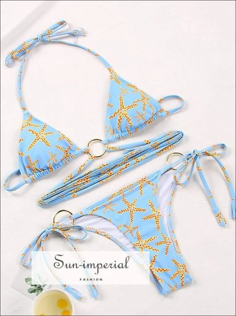 Blue Starfish Print Wrap around String Triangle Bikini top & side Tie bottom Bikini Set