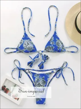 Blue Starfish Print Wrap around String Triangle Bikini top & side Tie bottom Bikini Set