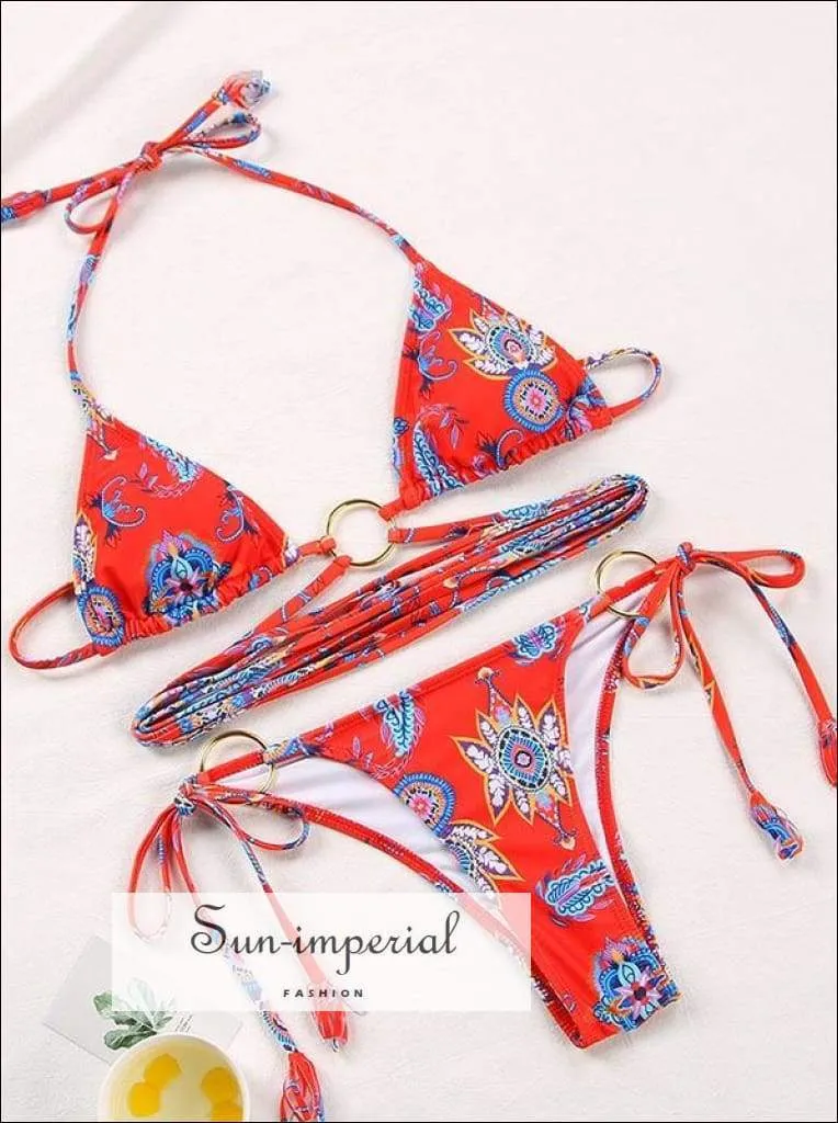 Blue Starfish Print Wrap around String Triangle Bikini top & side Tie bottom Bikini Set