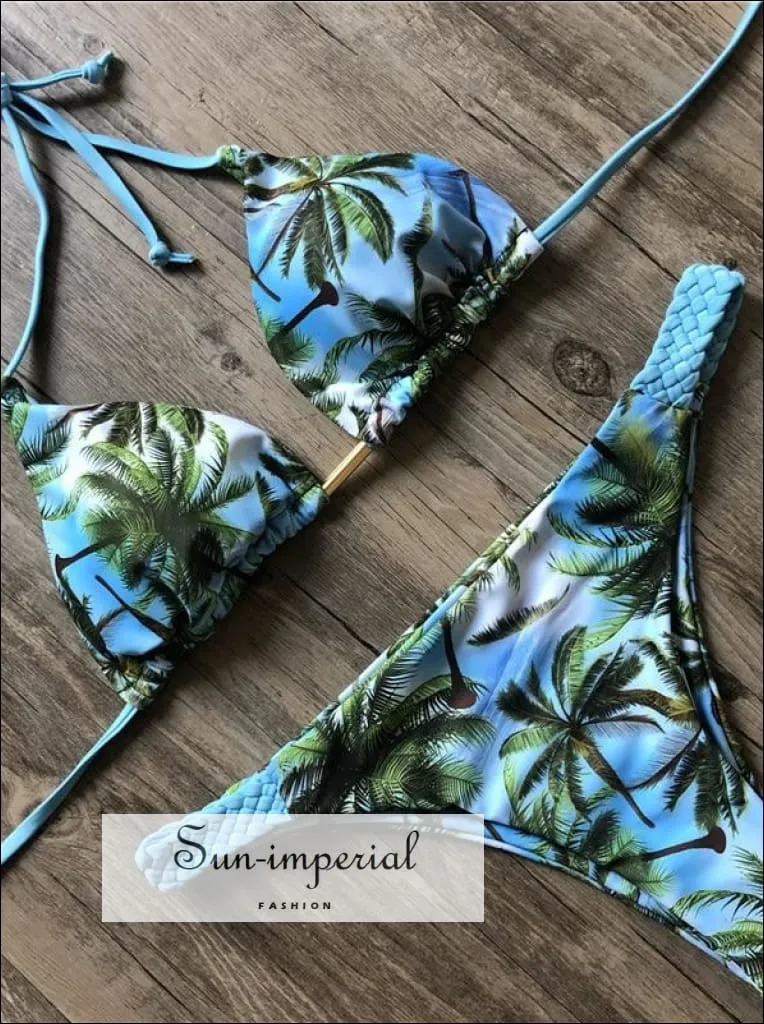 Blue Tropical Print Bikini Set Women’s Swimming Suit Halter Drawstring Bathing Suit