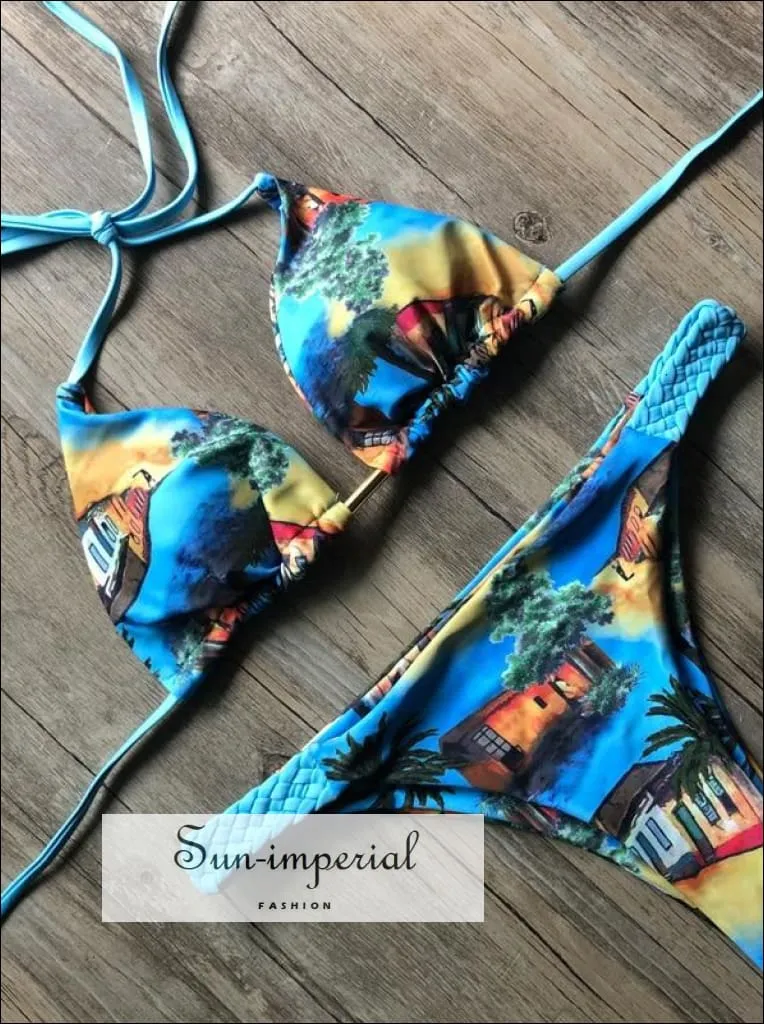 Blue Tropical Print Bikini Set Women’s Swimming Suit Halter Drawstring Bathing Suit