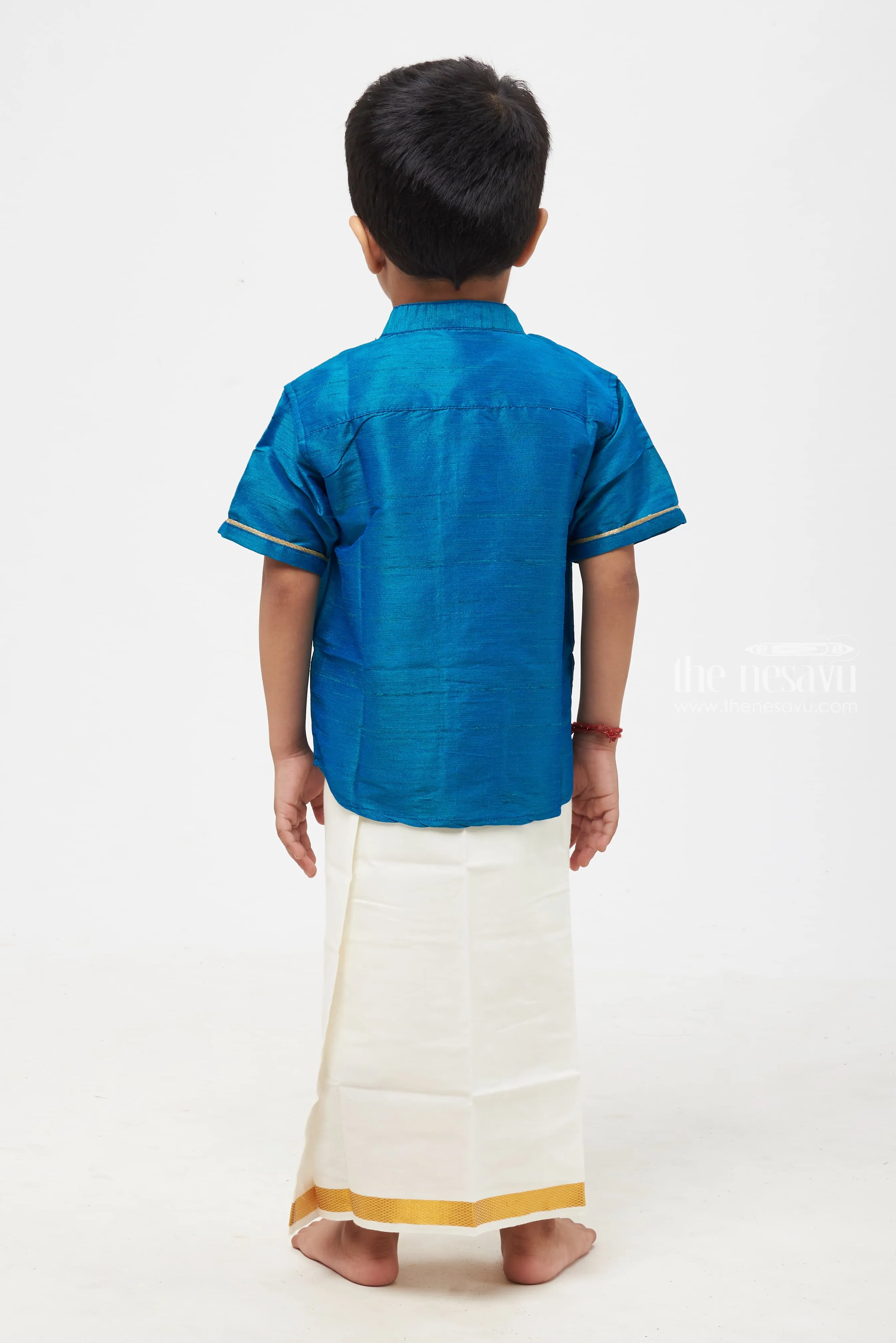 Boys Splendid Azure Blue Silk Shirt Ensemble with Pearl-Studded Equestrian Motif