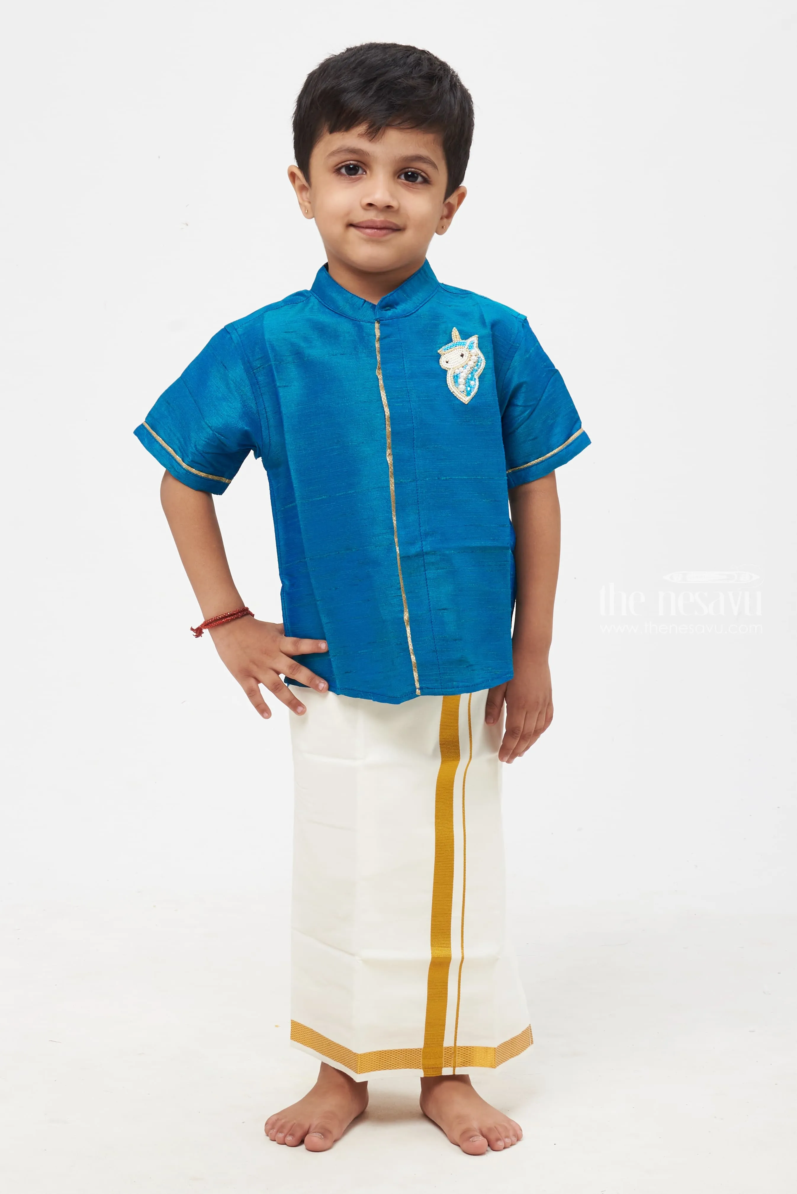 Boys Splendid Azure Blue Silk Shirt Ensemble with Pearl-Studded Equestrian Motif