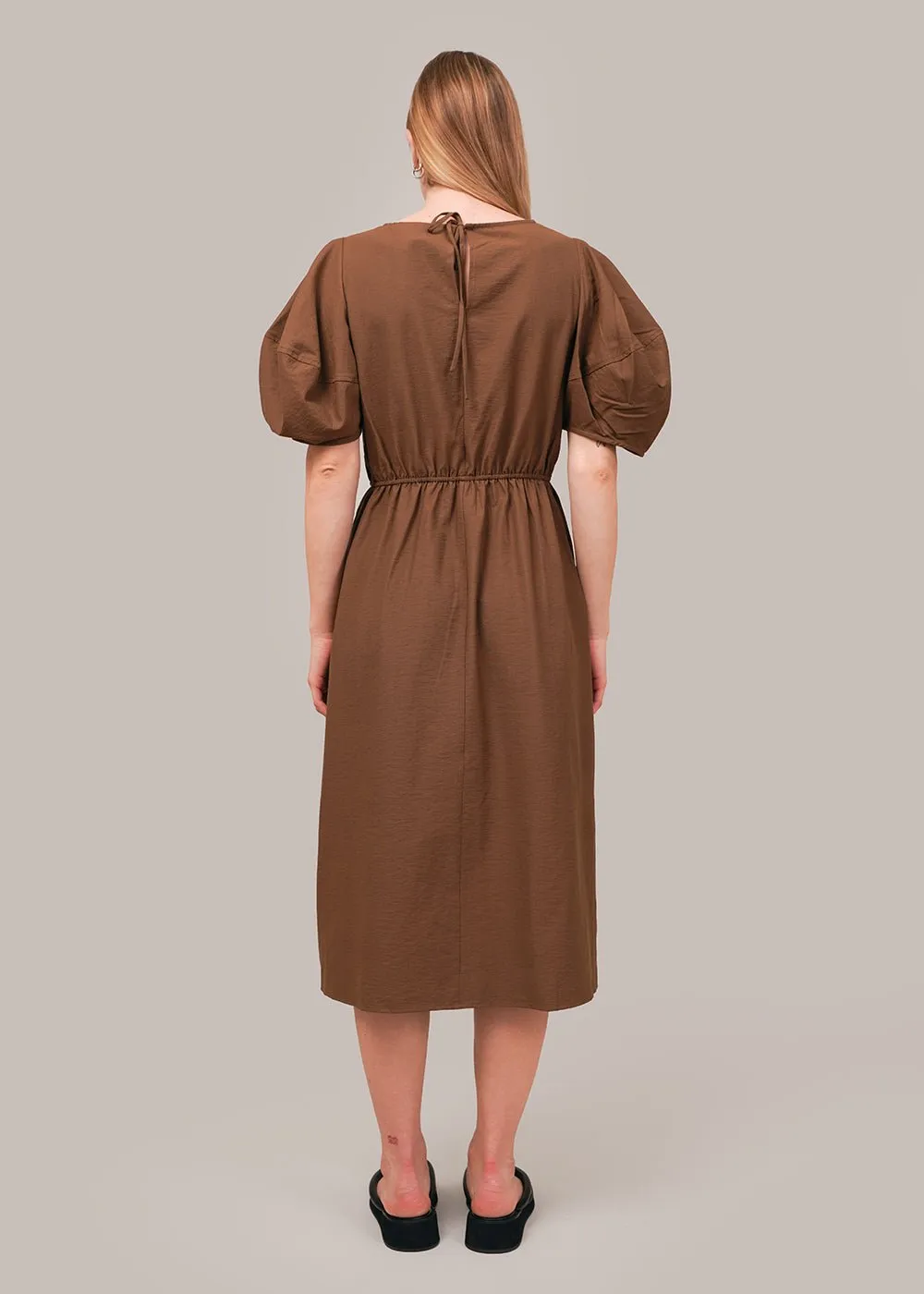 Brown Balloon Sleeve Midi Dress