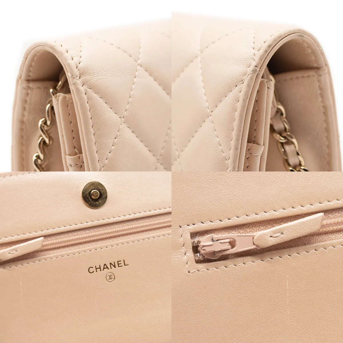 Chanel Iridescent Lambskin Quilted Pearl Wallet On Chain WOC Light Beige Pink