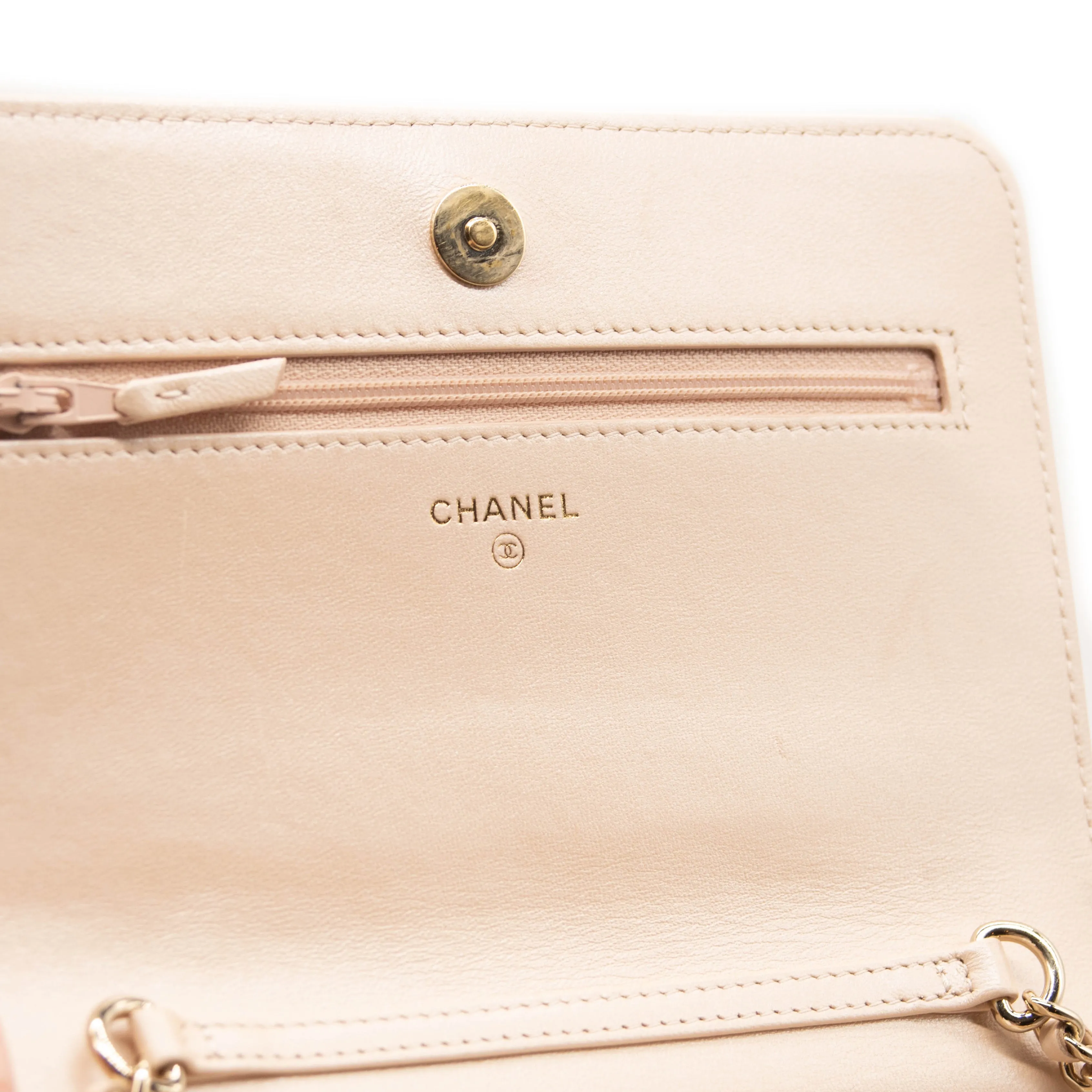 Chanel Iridescent Lambskin Quilted Pearl Wallet On Chain WOC Light Beige Pink