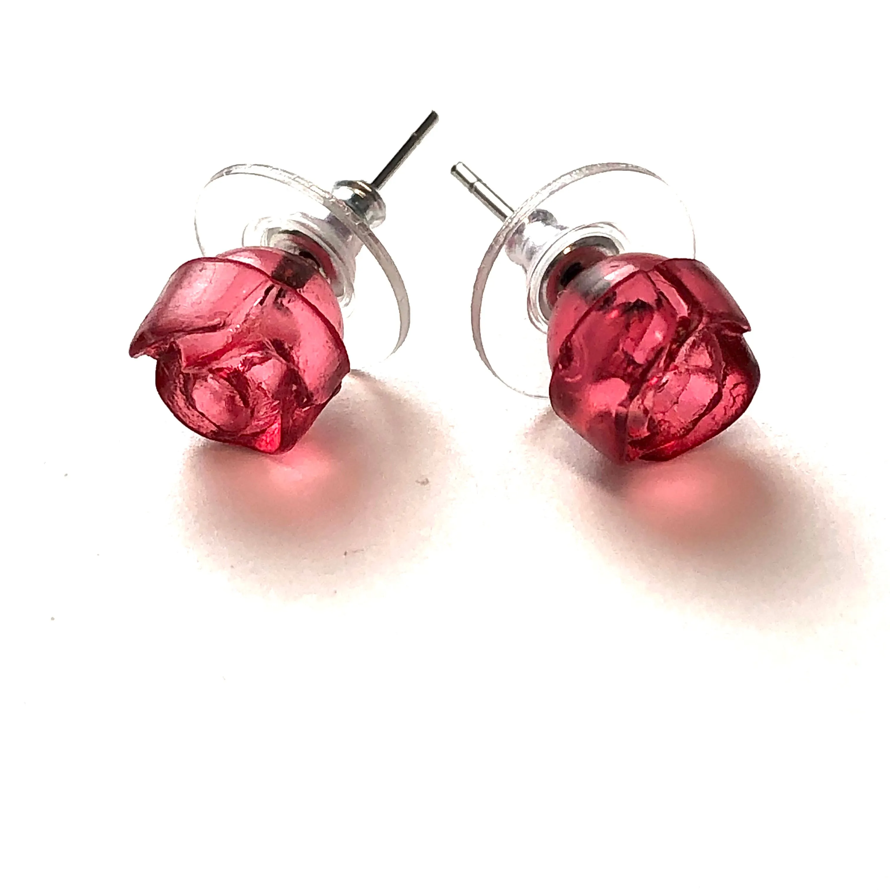 Cranberry Carved Lucite Rose Stud Earrings