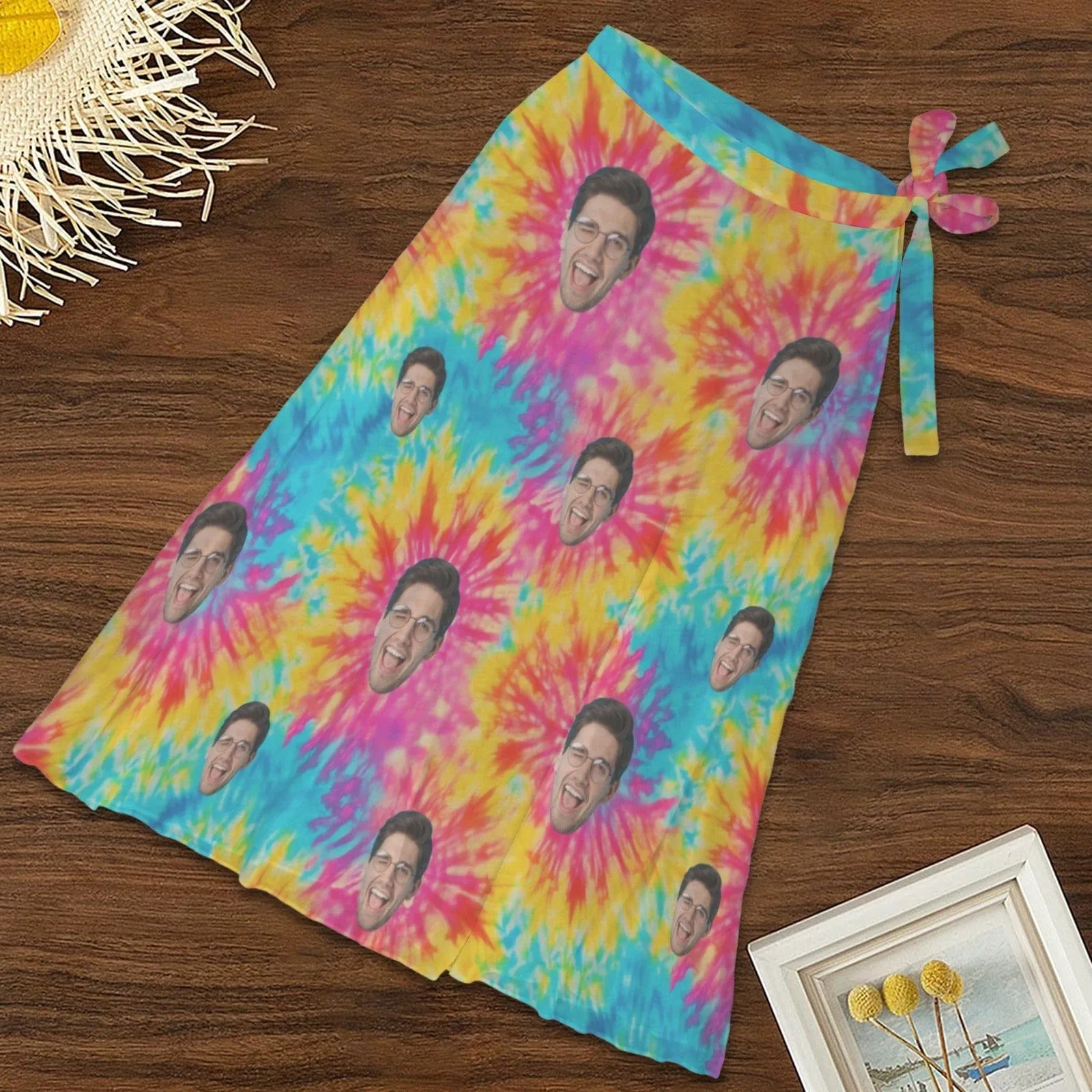 Custom Face Rainbow Colors Women's Long Cover Up Skirt With Slit Swimsuit Beach Wrap