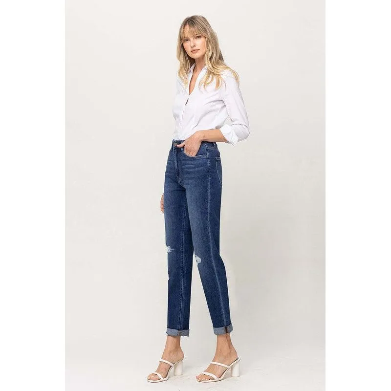 DISTRESSED DOUBLE CUFFED STRETCH MOM JEAN