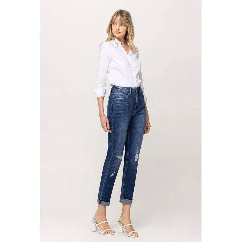 DISTRESSED DOUBLE CUFFED STRETCH MOM JEAN