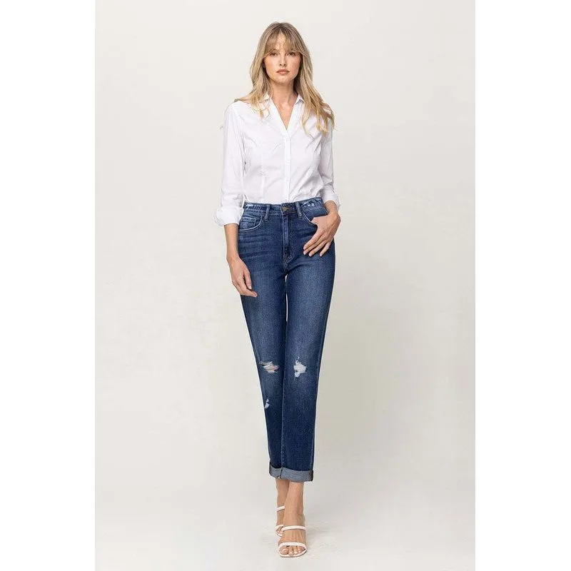 DISTRESSED DOUBLE CUFFED STRETCH MOM JEAN