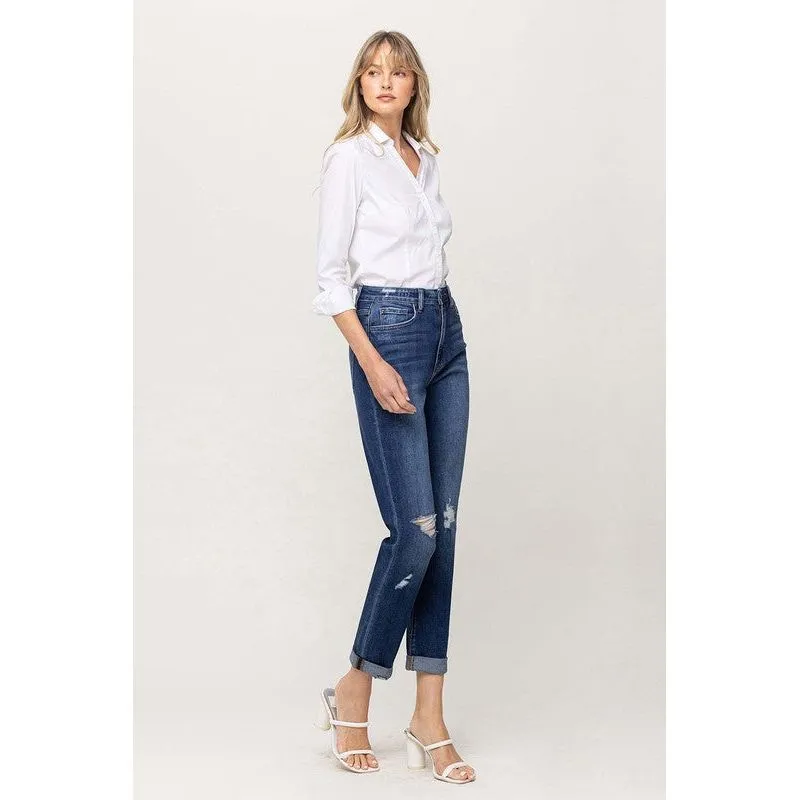 DISTRESSED DOUBLE CUFFED STRETCH MOM JEAN