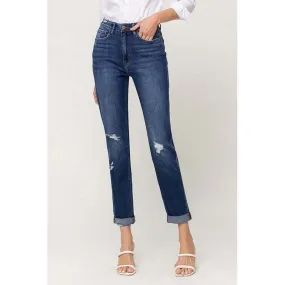 DISTRESSED DOUBLE CUFFED STRETCH MOM JEAN