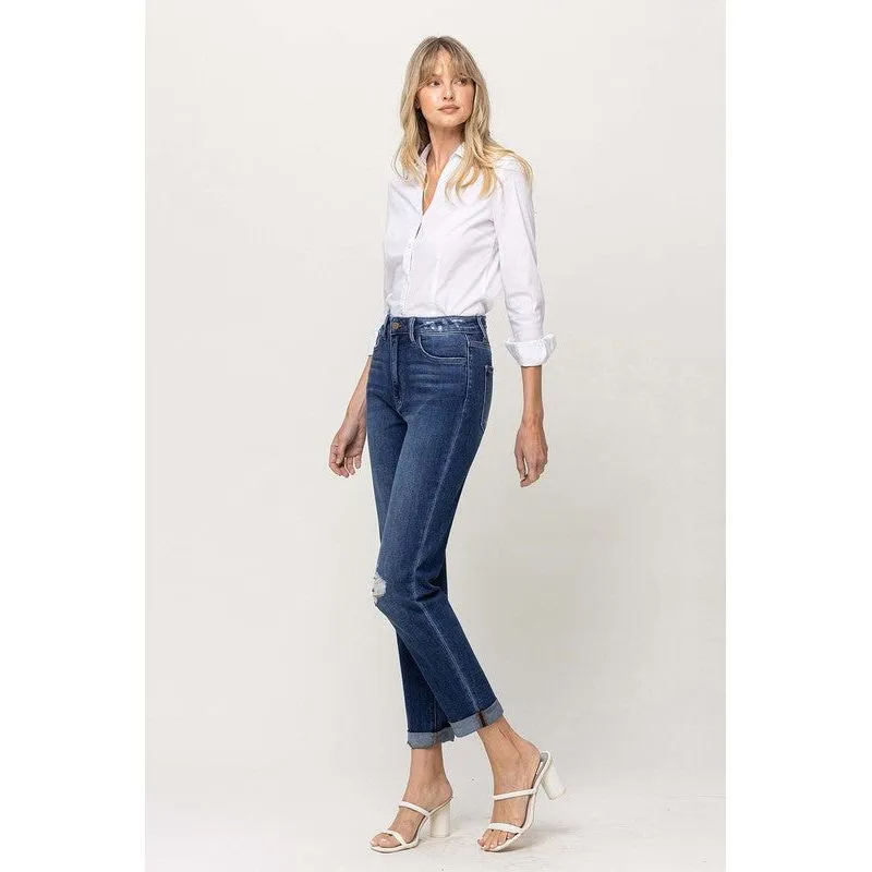 DISTRESSED DOUBLE CUFFED STRETCH MOM JEAN