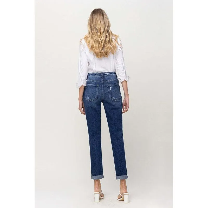 DISTRESSED DOUBLE CUFFED STRETCH MOM JEAN