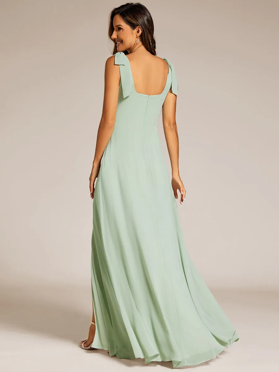 Elegant Bowknot binding Square Neckline Chiffon Dresses A-Line Side Split Bridesmaids Dress