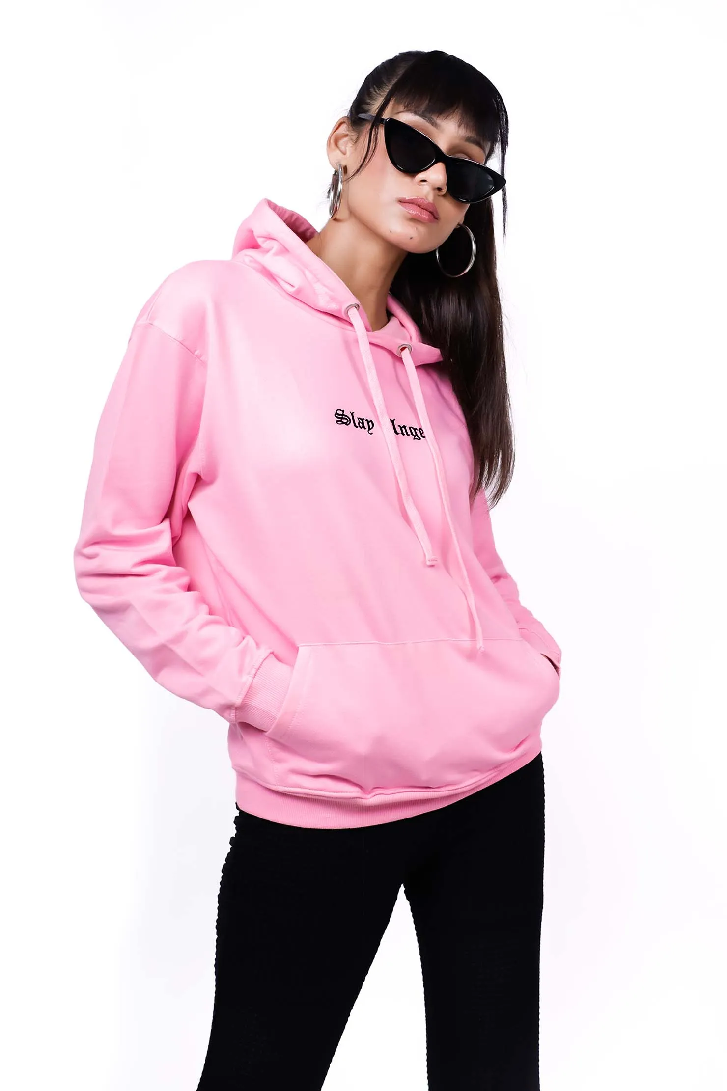 Embroidered  Oversized Hoodie Pink