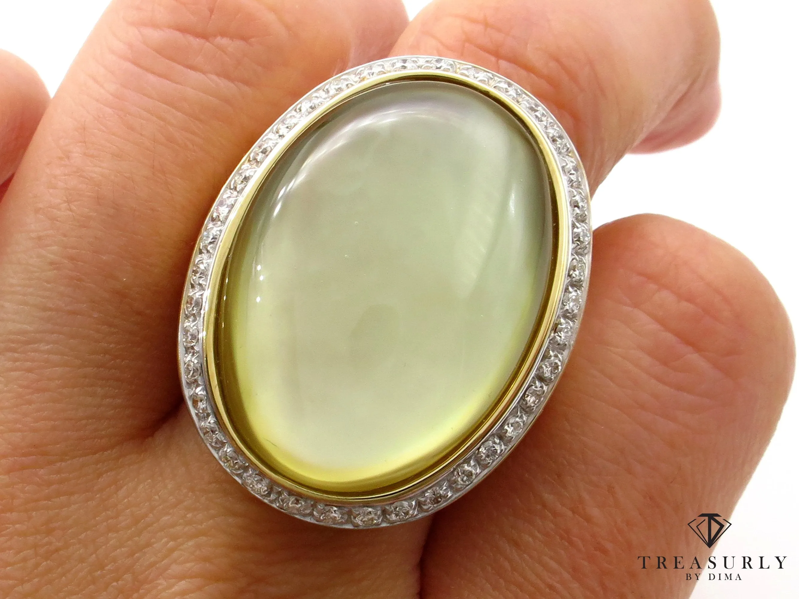 Fashion Cabochon Lemon Quartz Mother-of-Pearl Diamond 18K Yellow Gold Estate Ring