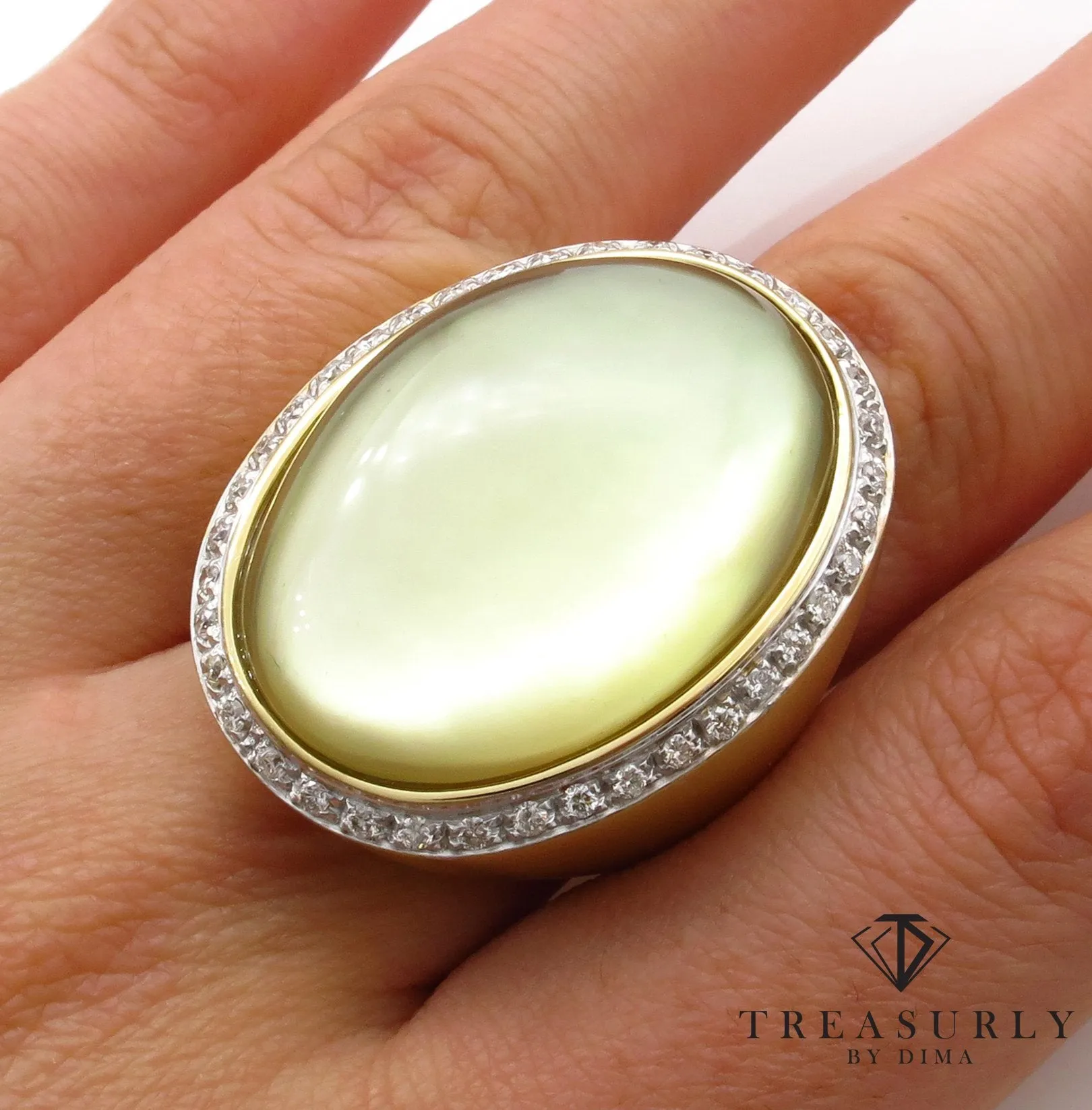 Fashion Cabochon Lemon Quartz Mother-of-Pearl Diamond 18K Yellow Gold Estate Ring