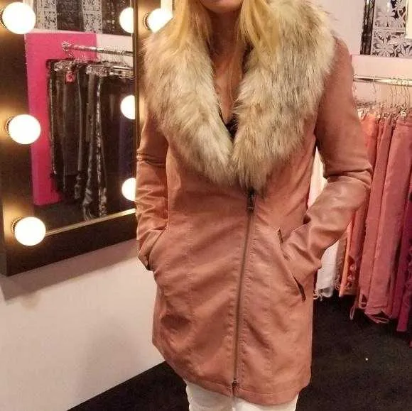 Faux Leather Coat Fur Collar