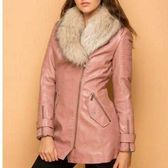 Faux Leather Coat Fur Collar