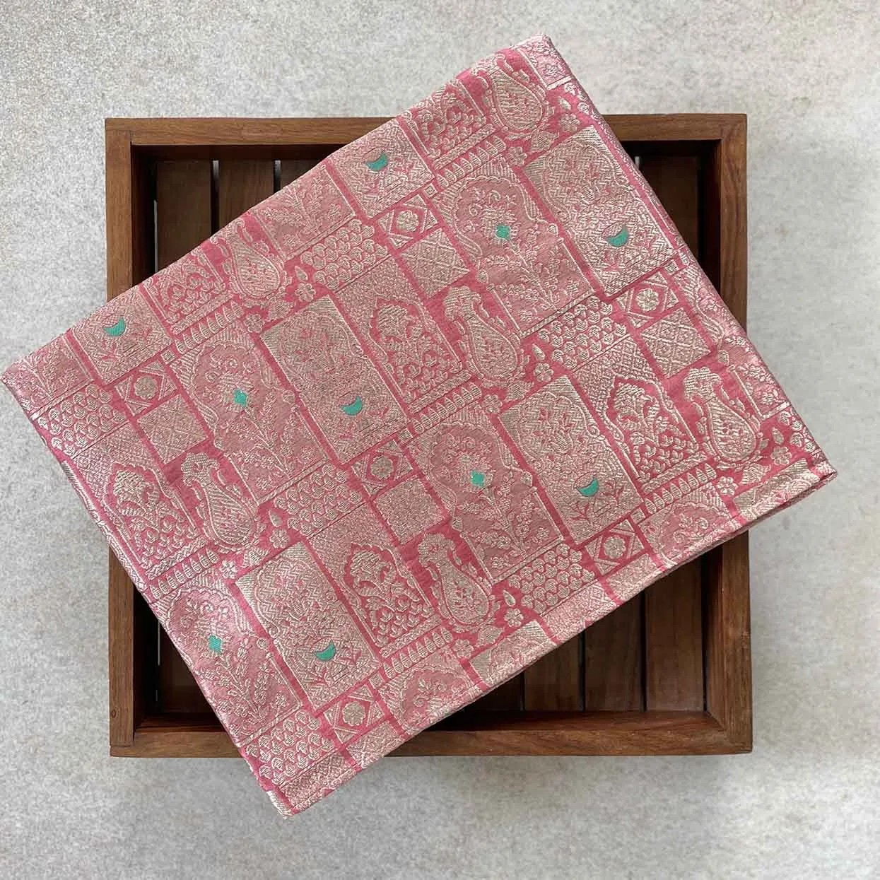 Flamingo Pink Handloom Pure Katan Silk Gold Zari Brocade Banarasi Fabric