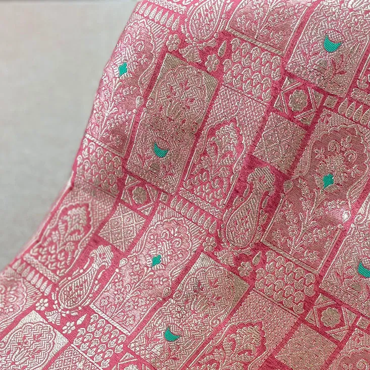 Flamingo Pink Handloom Pure Katan Silk Gold Zari Brocade Banarasi Fabric