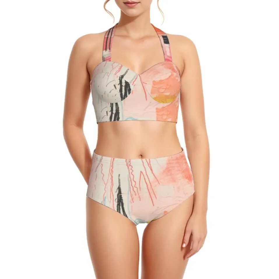 Flamingo Pink Women's Swimsuit Set With Halter