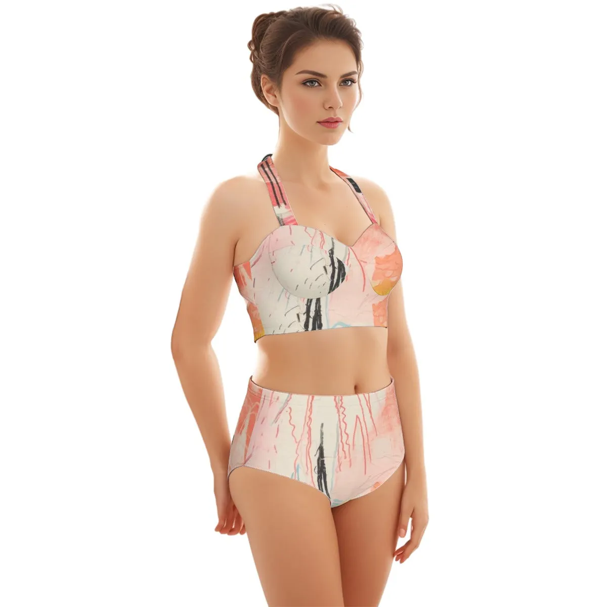 Flamingo Pink Women's Swimsuit Set With Halter