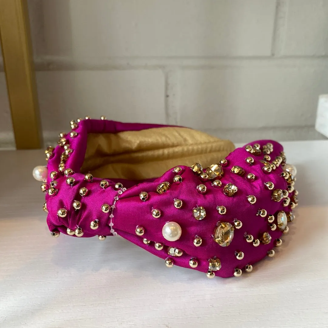 FUCHSIA PEARL & CRYSTAL STUDDED KNOTTED HEADBAND