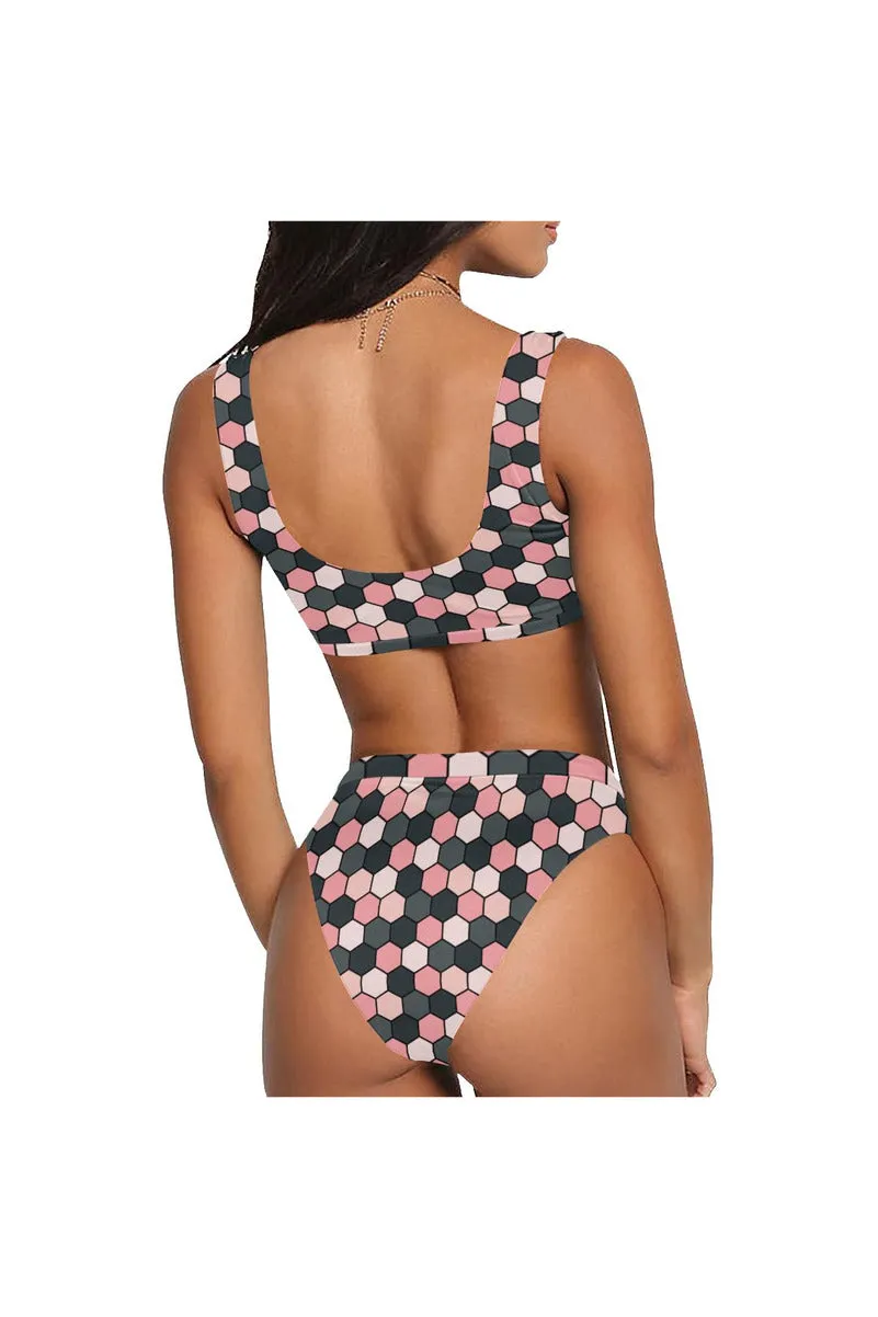 Geo Pink Sport Top & High-Waist Bikini Swimsuit