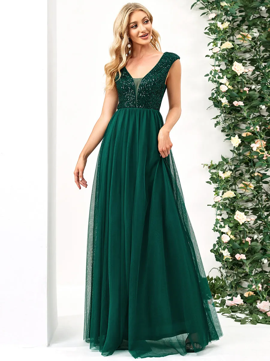 Glamorous Sleeveless A Line Wholesale Evening Dresses with Deep V Neck