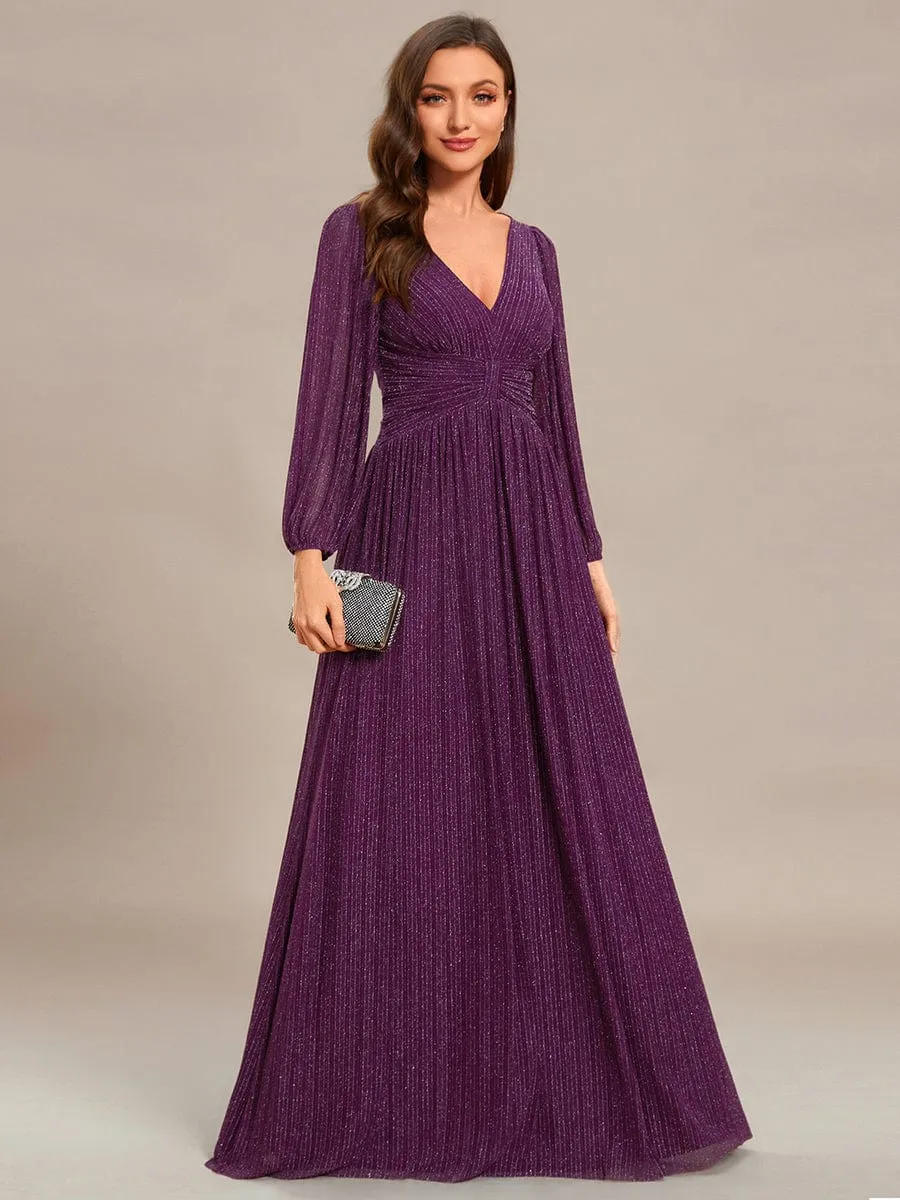 Glittery Empire Waist Long Lantern Sleeves A-Line Evening Dress