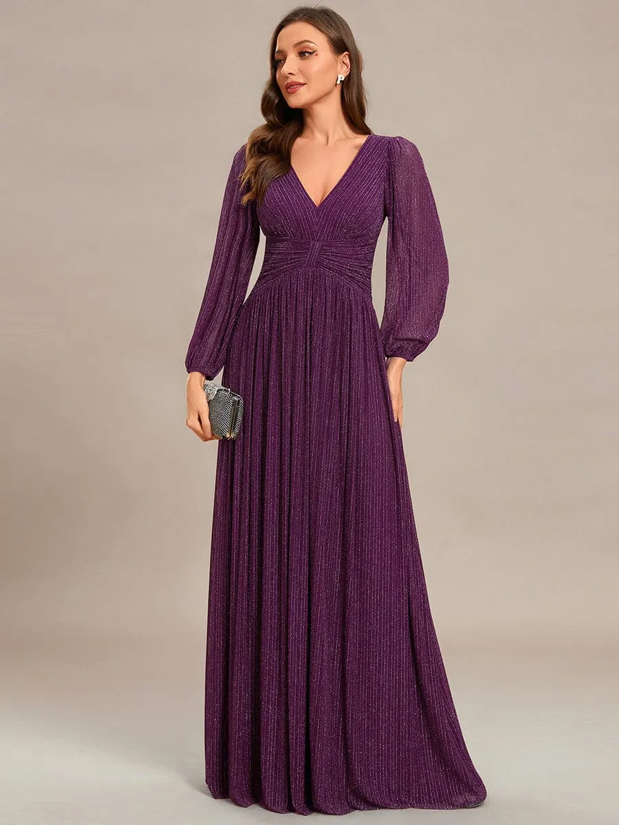 Glittery Empire Waist Long Lantern Sleeves A-Line Evening Dress