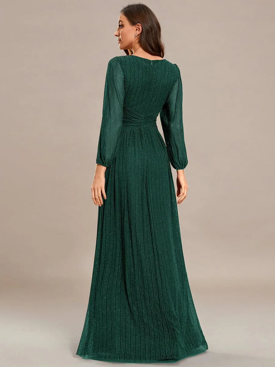 Glittery Empire Waist Long Lantern Sleeves A-Line Evening Dress