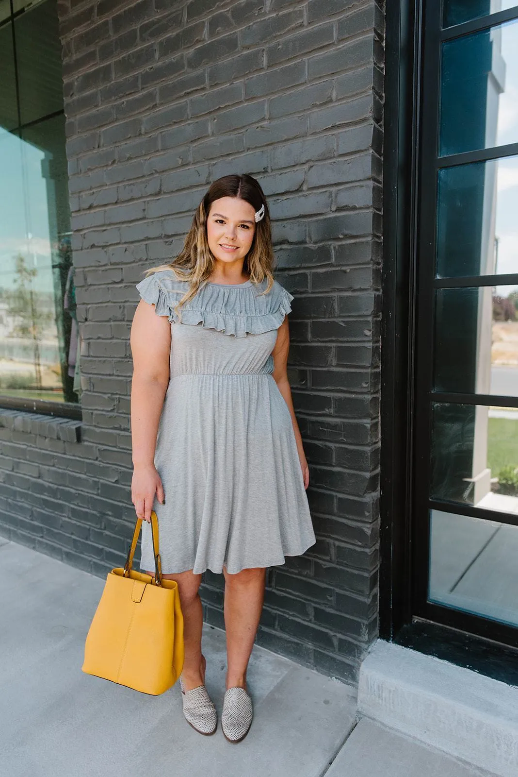 Gray Day Ruffled Yoke Dress - On Hand