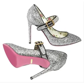 Gucci Silver Sylvie Crystal-embellished Glittered Leather In Pumps Size 39