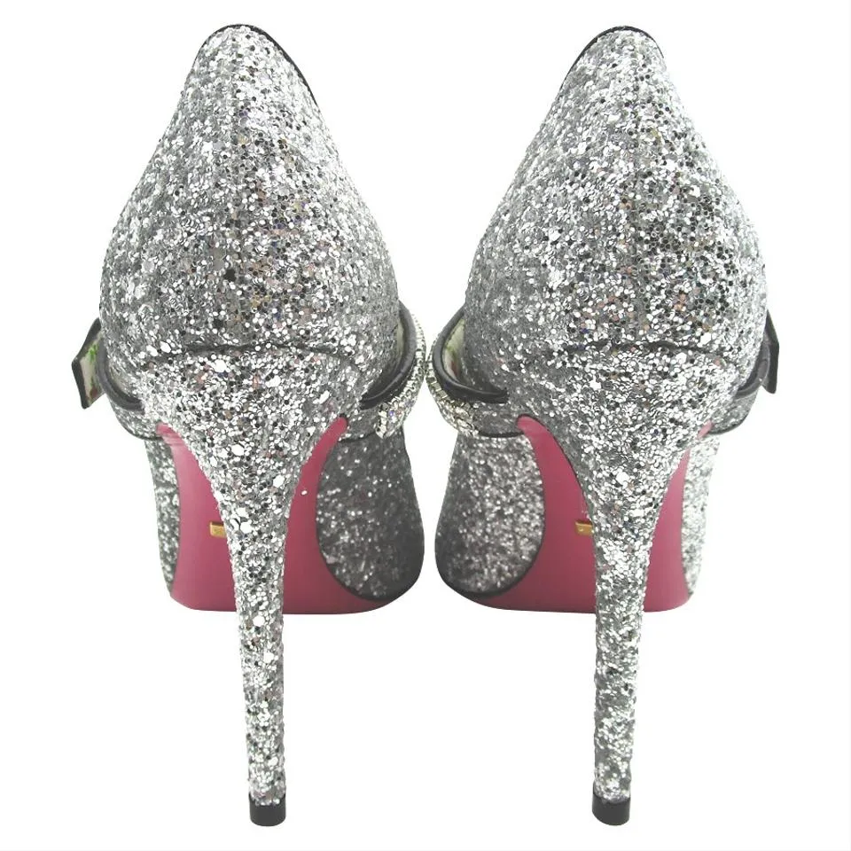 Gucci Silver Sylvie Crystal-embellished Glittered Leather In Pumps Size 39