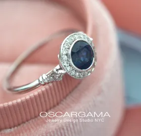 Jessica Round Bezel Blue Sapphire Halo Engagement Ring antique Look