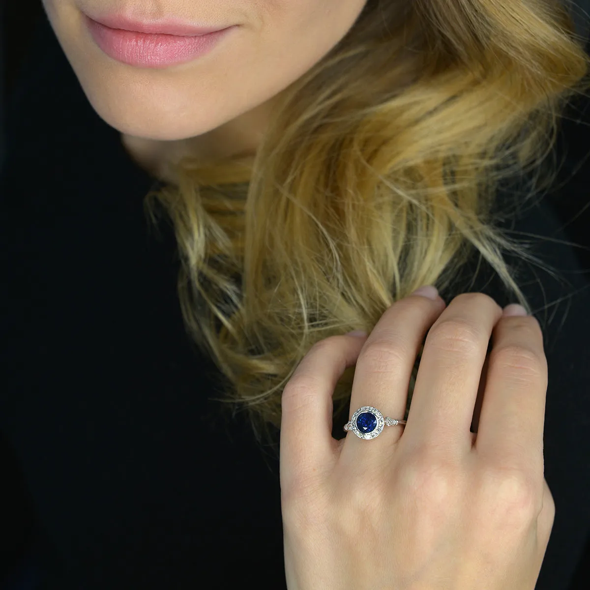 Jessica Round Bezel Blue Sapphire Halo Engagement Ring antique Look