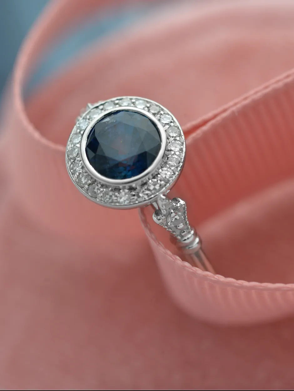 Jessica Round Bezel Blue Sapphire Halo Engagement Ring antique Look