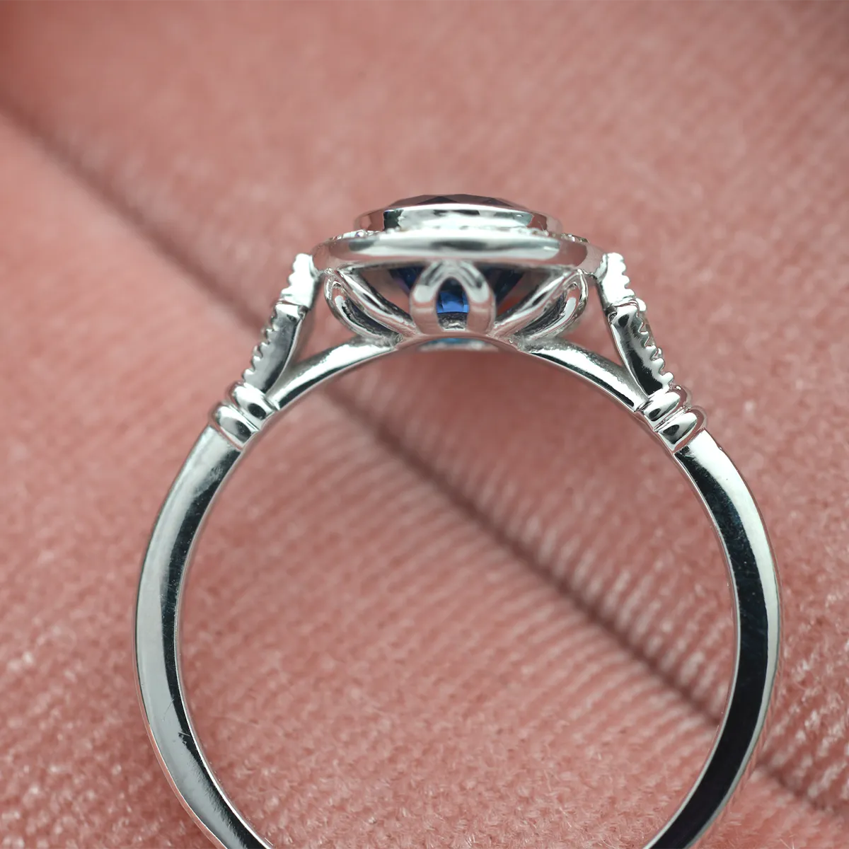 Jessica Round Bezel Blue Sapphire Halo Engagement Ring antique Look