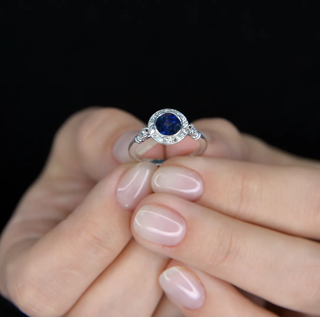 Jessica Round Bezel Blue Sapphire Halo Engagement Ring antique Look