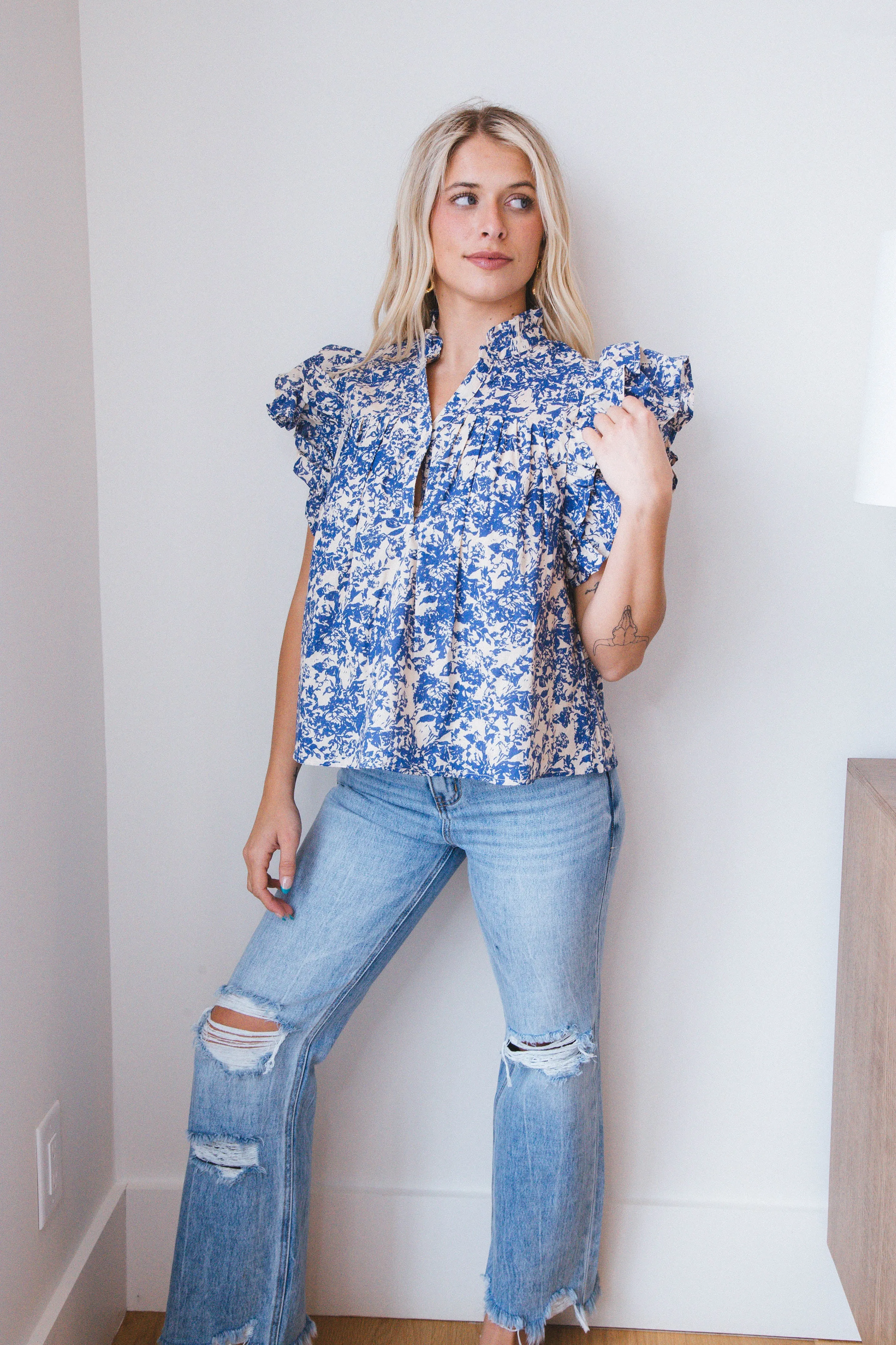 Josie Floral Pleated Top, Blue Floral