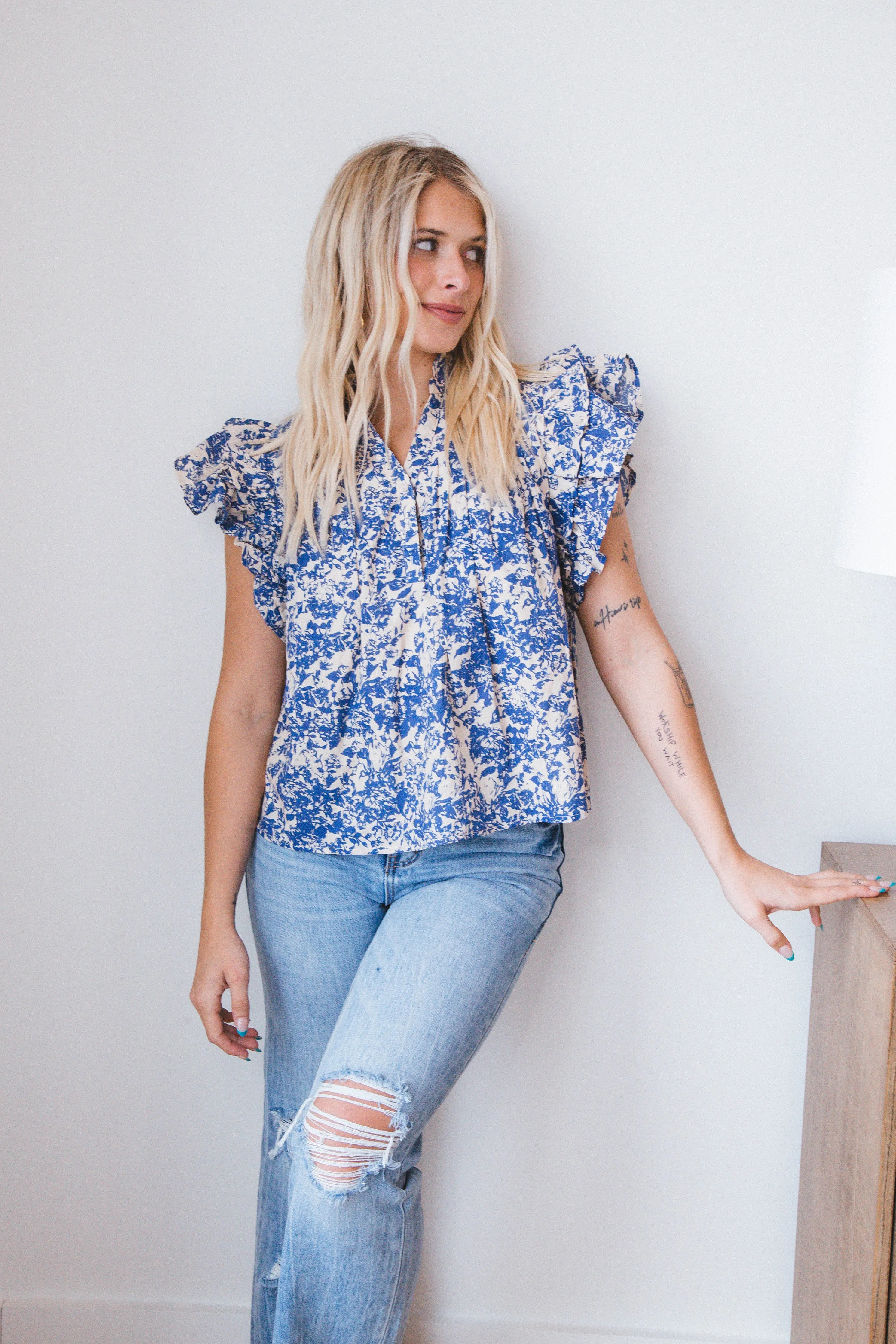 Josie Floral Pleated Top, Blue Floral