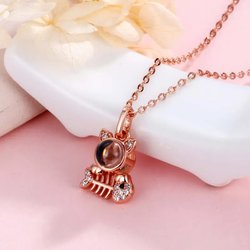 Kitten Cat Pet Fish-bone Shape Necklace with Picture Inside